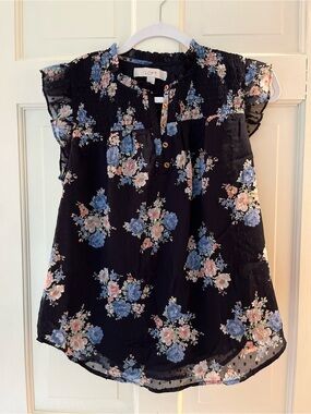 LOFT Navy Floral Cap-Sleeve Blouse